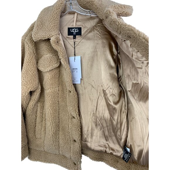 M New UGG Womens Camel Franke Trucker Sherpa Jacket Snap Satin Lined - Picture 4 of 8